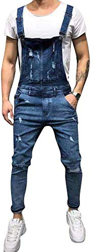 Homme Salopette Jeans Serré Denim Trou Bike Skinny Cargo Slim Déchiré Pantalon pour Printemps Automne Bleu Foncé L