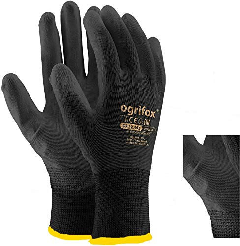 LTD Arbeitshandschuhe, PU-beschichtetes Nylon, Schwarz, 24 Paar Ideal für Gartenarbeit, Bauarbeiter, Mechaniker, runder Ajs Ltd® Sticker., schwarz