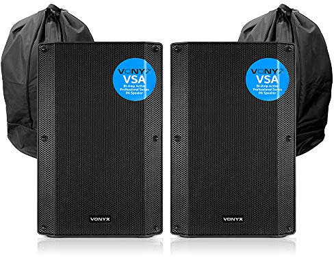 Pair of Vonyx VSA12 Active PA Speakers 12 Inch Bi-Amplified 1600W DJ Sound System with Bags, Two-Way Powered DJ Speaker Pair for Live Events & Stage Use