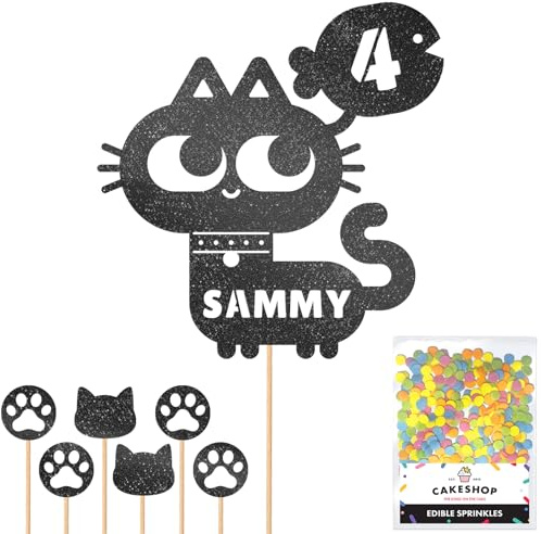 Personalised Birthday Cat Kitten Glitter Cake Topper- Black Any Name & Age Glitter Cake Decoration and Sprinkles - Happy Birthday Decorations - Personalised Toppers for Cakes by Cakeshop
