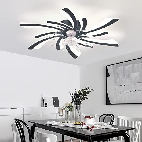 KeLuKes Modern Ceiling Fans with Lights and Remote 78cm Ceiling Fans with Lamps Silent Dc 6-Speed Dimmable Reversible Winter/Summer Led Fan Light for Bedroom Lounge Living Room,Black