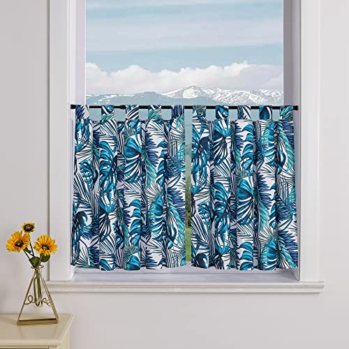 Delien 2er Set Scheibengardinen Landhaus Bistrogardine Blickdicht Küchengardinen Modern »Bananenblätter« Klein Fenster Kurz Vorhang für Badezimmer mit Schlaufen BxH 90x60cm,Blau