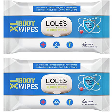 LOLE'S XL Body Wipes - Cleansing No Shower Bed Bath Wet Wipes for Adults - Large & Fresh - Ideal for Camping, Gym, Travel, Hospital (2pk x 48)