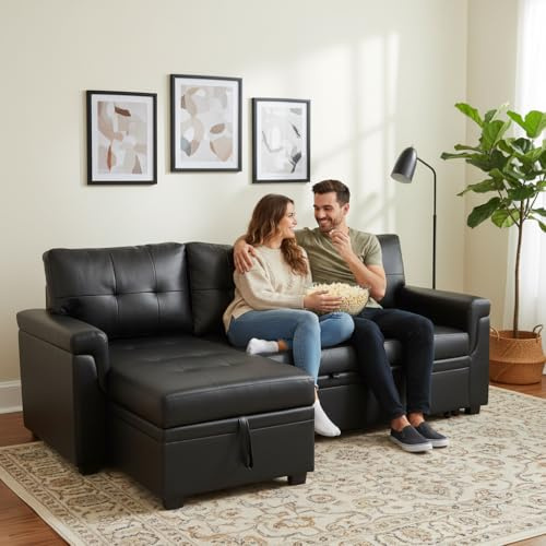 Multifunctional Sectional Sofa with Pull-Out Sleeper Bed & Hidden Storage – Reversible Chaise Black,Air Leather – Space-Saving, Durable, Stylish & Easy DIY Assembly for Apartments & Small Homes