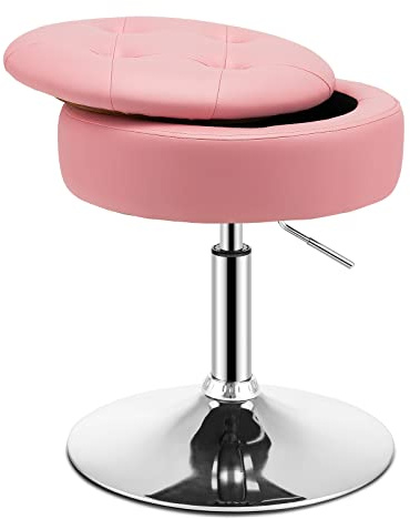 LIFEZEAL Schminkhocker höhenverstellbar 51-66 cm, Sitzhocker 360 ° drehbar, Drehhocker mit Strauraum, runder Bürohocker PU, Arbeitshocker für Schlafzimmer, Wohnzimmer & Büro (Rosa)