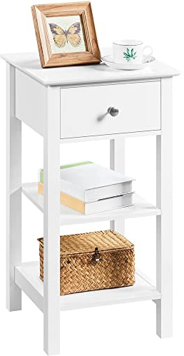 Yaheetech Comodino da Camera da Letto Bianco Tavolino da Notte in Legno con Cassetto e 2 Ripiani Mobiletto da Divano Stretto Tavolino d'Appoggio Portaoggetti 35 x 35 x 70 cm