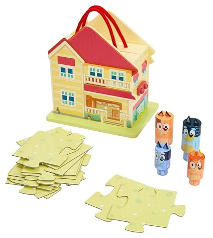 BLUEY – Wooden Carry Along House - Indoor & Outdoor Play, 22 Pieces Including 6 Characters & 15 Piece Puzzle Mat - Portable Activity Set for Kids 3 Years and Up – 23cm Tall & FSC Certified