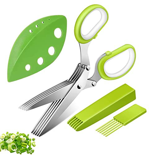 Butyeak Modern Green Stainless Steel Herb Scissors, 5-Blade, with Cleaning Comb, Safety Cover and Stripping Holes
