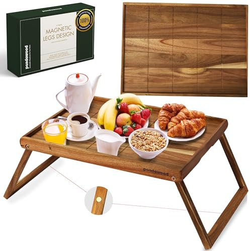 PANDAWOOD Vassoio da letto in legno con gambe pieghevoli, vassoio per la colazione in 100% legno di acacia, vassoio pieghevole per mangiare e computer portatile, grande scrivania da letto pieghevole