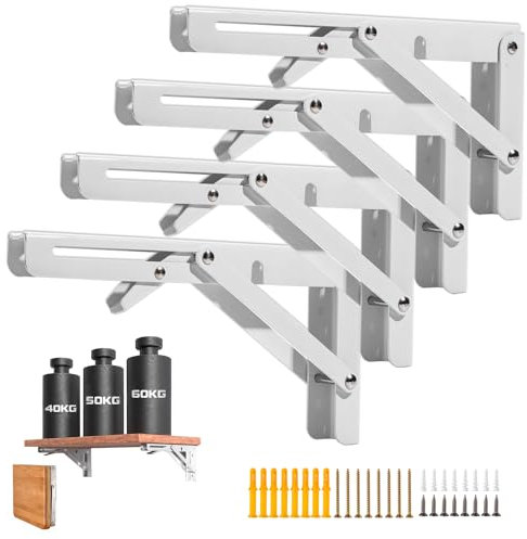 4 Stück faltbare Regalhalterungen, 50,8 cm, strapazierfähig, zusammenklappbar, dreieckig, Edelstahl, L-Halterungen für Holzregale, max. Belastung 227 kg, DIY-Wandmontage, platzsparend, für Banktisch,