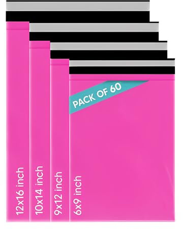Venuscello® - 60 rosa Versandtaschen, Verpackungsmaterial, Umschläge, klein bis groß, gemischte Größen, Poly-Postal, selbstklebend, 4 Größen, 15 Paketversandtaschen für Kleidung