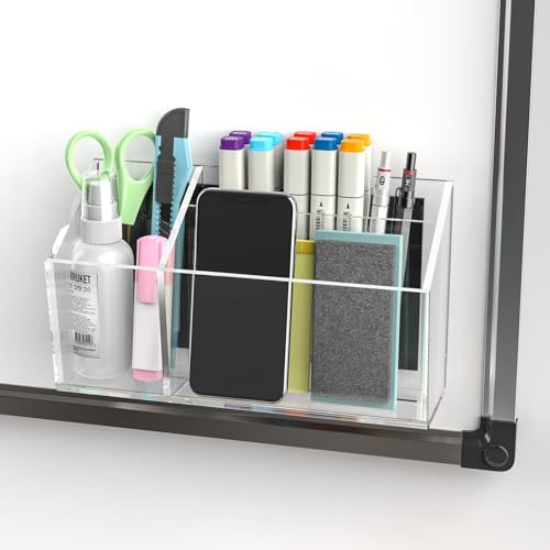 NiOffice Magnetisk markörhållare i akryl för whiteboard kylskåpsskåp 21 x 12 x 6 cm stor självhäftande väggpennhållare för hemskola kontor, 3-rutnät magnetisk pennhållare