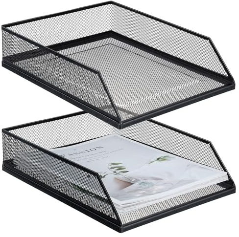 Hicarer Briefablage aus Metall, stapelbar, 1 Drahtgeflecht, Organizer, Frontlader, Papierhalter für Schreibtisch, Büro, Zuhause, Schule, Klassenzimmer, 32 x 24 x 7 cm, Schwarz, 2 Stück