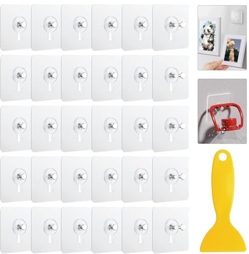 TAIHOBO Bilderhaken Selbstklebend, Transparent Klebehaken Bilder Aufhängen ohne Bohren, Bilderhaken ohne Bohren, Bildaufhänger Selbstklebend für Poster Fotos, Maximale Belastung 5kg (30 Stück)