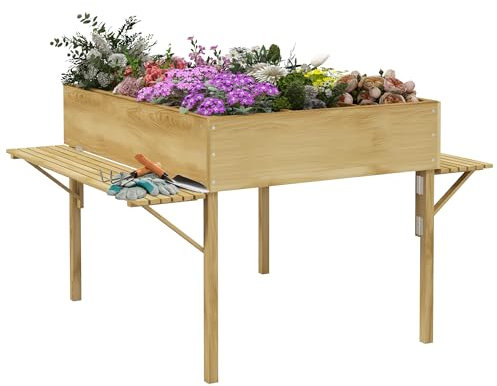 Outsunny Hochbeet aus Holz, Klappbare Frühbeet mit 12 Trenngittern, Kräuterbeet, Pflanzkasten, Blumenkasten mit Vliesstoff für Garten, Balkon, 122 x 91,5 x 89 cm, Natur