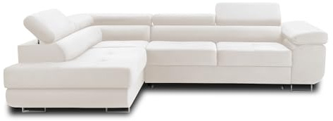 Bestmobilier Pablo – Ecksofa mit Schlaffunktion – mit Bettkasten – verstellbare Kopfstützen – aus Velours – 5-Sitzer – Links Beige