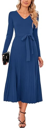Arach&Cloz Jumper Dress for Women UK Long Sleeve Midi Knitted Pleated Dresses Fall Winter V Neck Stripe Sweater Dress Navy