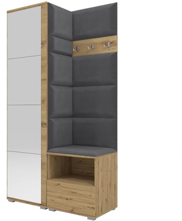 RAVIO Flurgarderobe 100 cm mit Kleiderschrank & Spiegel, Garderobenset Flur mit Schuhschrank, Sitzbank, Garderobenpaneel, Wandpolster & Push to Open Türen - Artisan Eiche/Wandpaneel Dunkelgrau