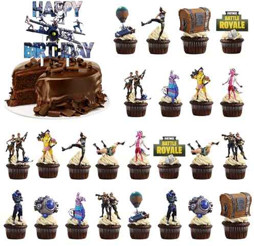 volumoon spel tema födelsedag tårtdekoration, cupcake-toppar, tårtdekoration för videospel, grattis på födelsedagen, videospel tema fest dekoration för pojke barn födelsedag 25 stycken
