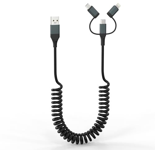 3 in 1 Spiralkabel USB auf Lightning für iPhone 16/15/14/13/12/iPad [MFi-Zertifizierung, Schnellladung] Apple Carplay Kabel, USB C für Samsung/Android