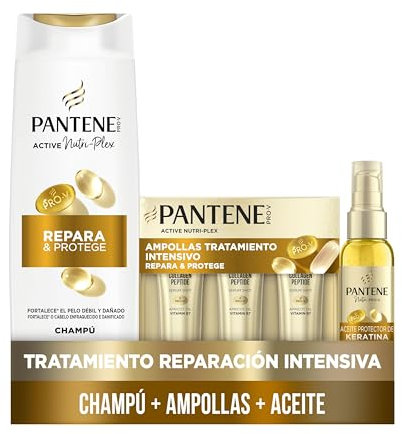 Pantene Pro-V Repara Y Protege Champú 325ml, Ampollas 3X15ML, Aceite Protector Keratina 100ml, Para Pelo Seco Y Dañado. Limpieza Suave. Protege Enlaces Capilares. Sin Siliconas. Active Nutri-Plex