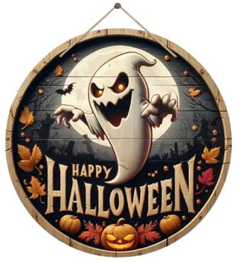 Halloween Geist Türschild Deko aus Holz, Happy Halloween, Willkommensschild Fröhliches Halloween Eingangstür