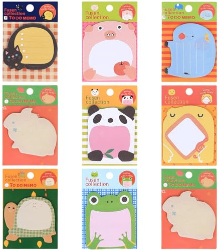 Set mit 9 Haftnotizblöcken, Cartoon-Haftnotizen, niedliche und bunte Tiere, selbstklebender Notizblock für Geschenke, Partys, Büro, Schule und Zuhause