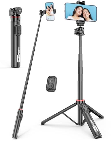 Perche a Selfie Trépied Aluminium, Trepied Smartphone Extensible avec Télécommande & 360° Tête de Boule Selfie Stick avec Cold Shoe Trépied de Voyage Compatible avec iphone 16/15/14/Android