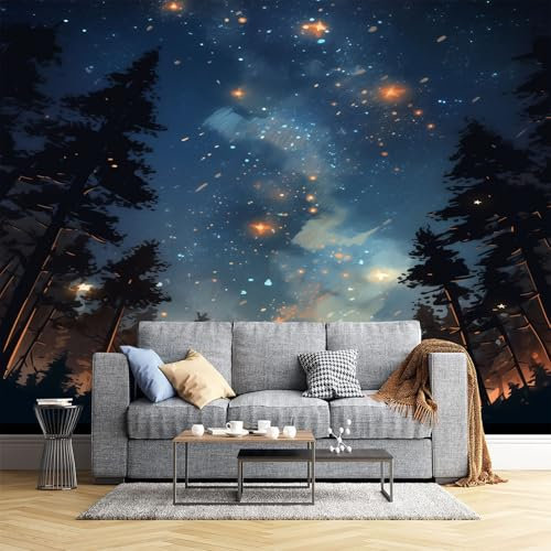 JEDTAKCT 300X210Cm Seidetapete Fantasy Sternenhimmeltapete Elegance Tapete Im Lagerfeuerwald Design Tapete Wandtapete Wohnzimmer Schlafzimmer Flur Strukturtapete