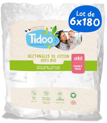 Tidoo - 1080 Coton Pads Bébé 100% Bio - Ultra Doux pour Peaux Sensibles - Change & Toilette - Fabriqués en France