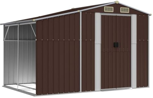 KOIECETA Gerätehaus Gartenhaus mit Schrägdach Griffe Gartenschuppen Schuppen mit Stauraum Geräteschuppen Metallschuppen Braun 277x192,5x179 cm Verzinkter Stahl