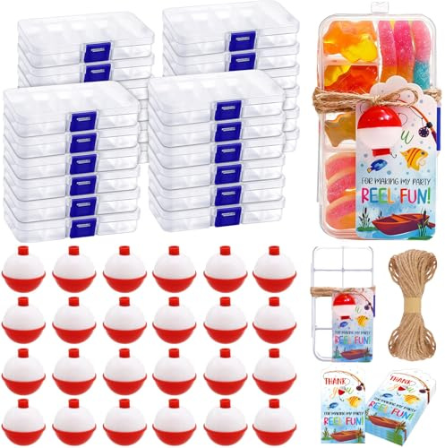 24 Set Fishing Candy Little Tackle Boxes for Birthday Party Favors with 24 Fishing Bobber 24 Thank You Cards for Making My Party Reel Fun Gone Fishing Theme Supplies Fishing Decorations (24)