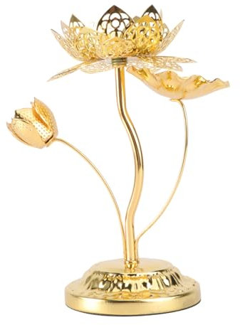 Amosfun Kerzenhalter Mit Hohem Fuß Und Lotusschnitzerei Goldener Stabkerzenhalter Aus Metall Buddhistischer Kerzenständer Für Wohnzimmer Und Terrasse