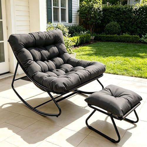 Gungstol, vardagsrum med pall, gungfåtölj, amningsfåtölj med extra stor kudde, stenstol, metall för inomhus och utomhus, upp till 150 kg relaxstol, relaxfåtölj för balkong, terrass, trädgård