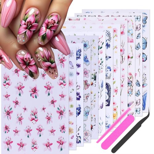 Zernblend 12 autocollants pour ongles avec motifs floraux et papillons, stickers pour ongles, Nail Sticker, Stickers ongles (avec pince à épiler, coupe-ongles et lime à ongles)