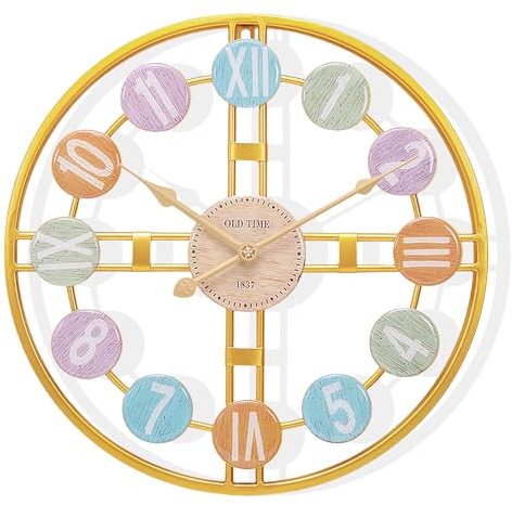 Yorbay Groß XXL Moderne Wanduhr, Goldene Quarz-Wanduhr mit Bunten Zahlen, Uhr Wand Ohne Tickgeräusche für Wohnzimmer Küche Schlafzimmer Büro Schule (40cm Durchmesser)