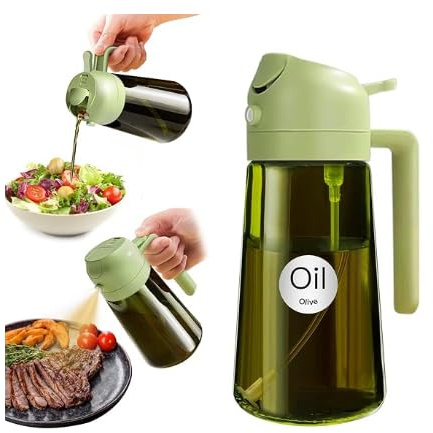 Okiata Huilier en verre vert 470 ml – Spray de cuisine pour Airfryer, distributeur d'huile avec filtre de protection contre la lumière, spray réutilisable pour friteuse, barbecue et salades