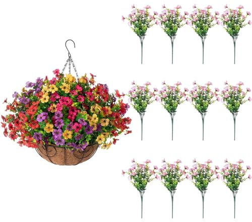 12 Pack Artificial Hanging Flowers for Outdoors, Realistic Faux Violet Bouquets with Eucalyptus, UV Resistant Fake Hanging Plants for Garden, Patio, Balcony Decor (Purple)