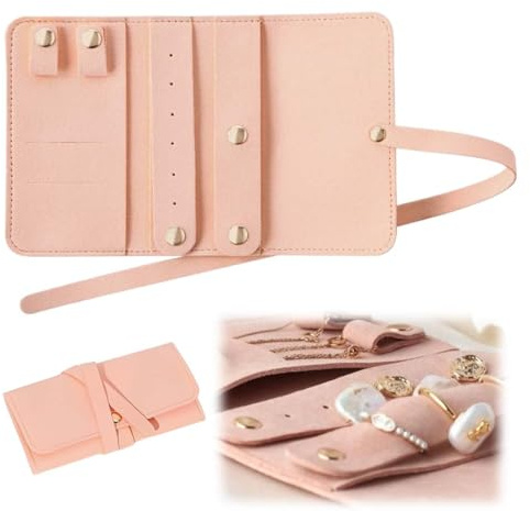 Bolsa enrollable para joyas, organizador plegable, estuche de viaje para anillos, pendientes, collares, relojes y pulseras (rosa)