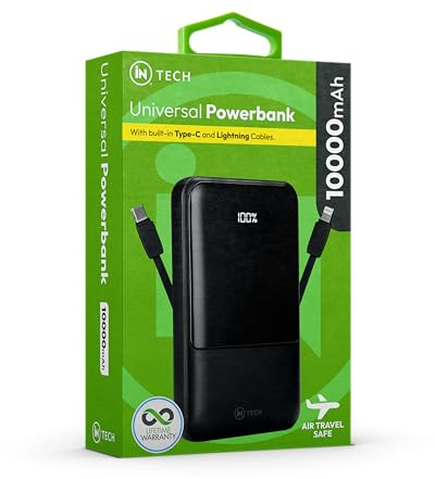 iN Universal Power Bank Built-In Lightning, Type-C Cables, Digital Display Portable Charger, Compact Travel Battery Pack, Air Travel Safe, Compatible with iPhone, Android, Tablets & USB (10,000mAh)