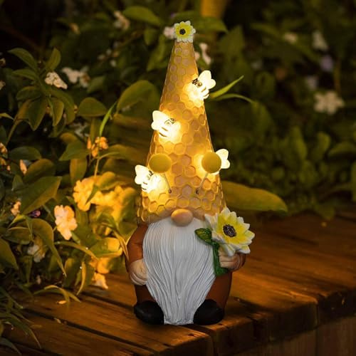 pearlstar Solar Garden Gnomes Outdoor, Gnomes Ornament IP44 Waterproof | Solar Gnomes Statues and Sculptures with Bees & Sunflower, Outdoor Decorations for Balcony and Pond, Gift for Women