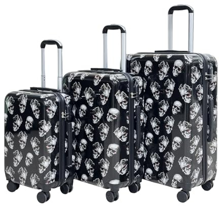 Edgy Skull Print 3-Piece Luggage Set with Stylish Shiny Finish, 360° Silent Spinner Wheels & Telescopic Trolley - ABS+PC Durable Suitcase for Short/Long Trips (Carry-On/Medium/Large)”