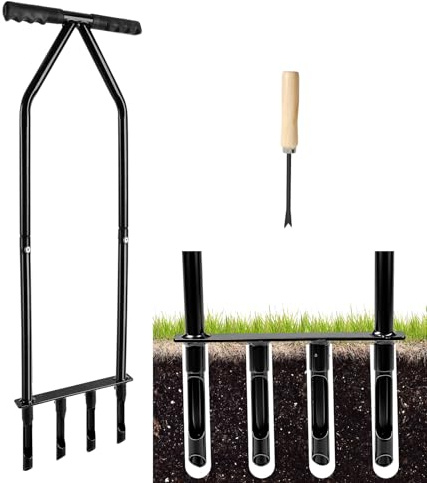 CDIYTOOL Aérateur de pelouse pour l'entretien de la pelouse et les sols compacts, 4 broches très résistant à long manche manuel avec outil de nettoyage