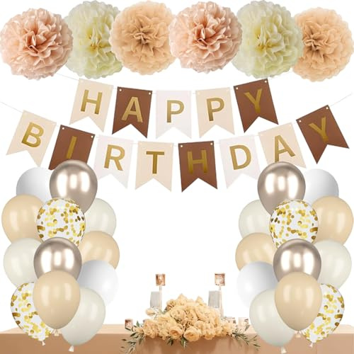 Geburtstagsdeko Beige, Champagne Gold Sand Weiß Aprikose Set mit Happy Birthday Banner Konfetti Luftballons Papier Pompons für Babys Frauen Mädchen Männer Geburtstag Deko