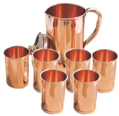 Parijat artigianato indiano Ayurveda lisci rame acqua brocca rame 6 occhiali capacità 283,5 gram con 1 brocche capacità 1.530,9 gram set per conservare l' acqua potabile Ayurveda.