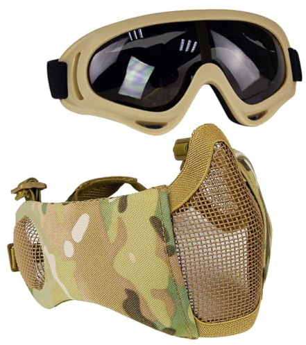 AOUTACC Airsoft Protective Gear Set, Half Face Mesh Mask with Ear Protection and Tactical Goggles for Adult Men Women BBS Paintball Shooting CS Survival Games Cosplay (MC02)