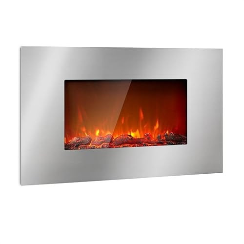KLARSTEIN Lausanne Luxe - Cheminée électrique : 2000W, 2 réglages de Chauffage, Largeur: 90 cm, Effet de Flamme, façade en INOX, luminosité réglable, télécommande, Montage Mural, Argent