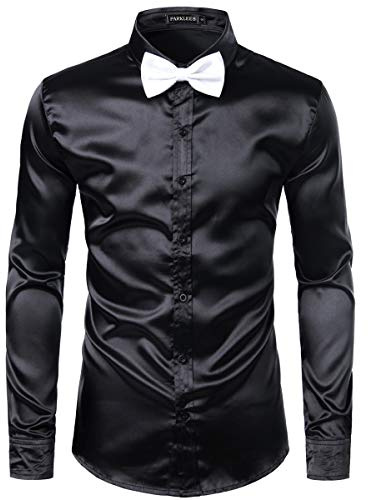 PARKLEES Herren Glänzend Slim Fit Satin Langarmhemd Frezeit Business Hemd für Party Nachtclub CL14 Schwarz L