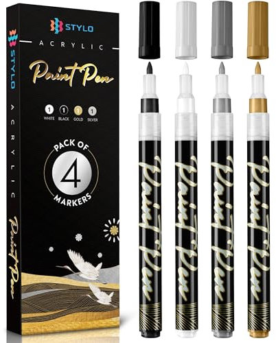 Stylo 4 Stück Metallic Marker Stifte Set – Weiß, Schwarz, Gold und Silber, permanente Acrylmarker, Stift für Glas, Keramik, Steinmalerei, Kunsthandwerk für Erwachsene