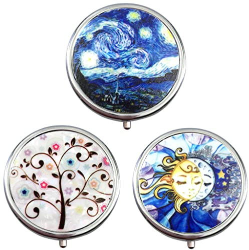 3 Stück Runde Metall Pillendose pill box,Reise Pillendose 3 Fächer Pillendöschen mit Spiegel Pillenetui Klein für Unterwegs Medizin Tablet Organizer Case Pillenbox für Tägliche, Reise Verwenden